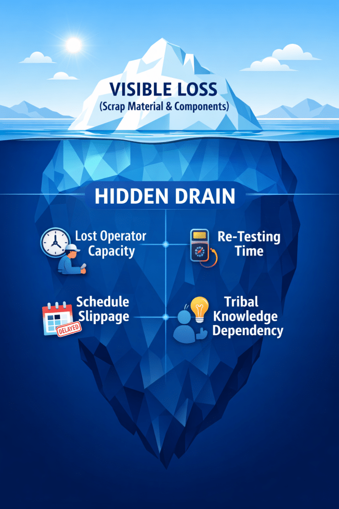 infographic visualization of the 'iceberg effect' in cable assembly, comparing visible manufacturing losses against hidden rework costs.